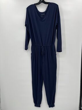 AnyBody Women’s Navy Long-Sleeve Drawstring Jumpsuit Size Small